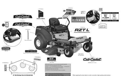 Label Map Diagram and Parts List for RZT-L54KH (17CRCACA010)(2018) Cub Cadet Lawn Tractor